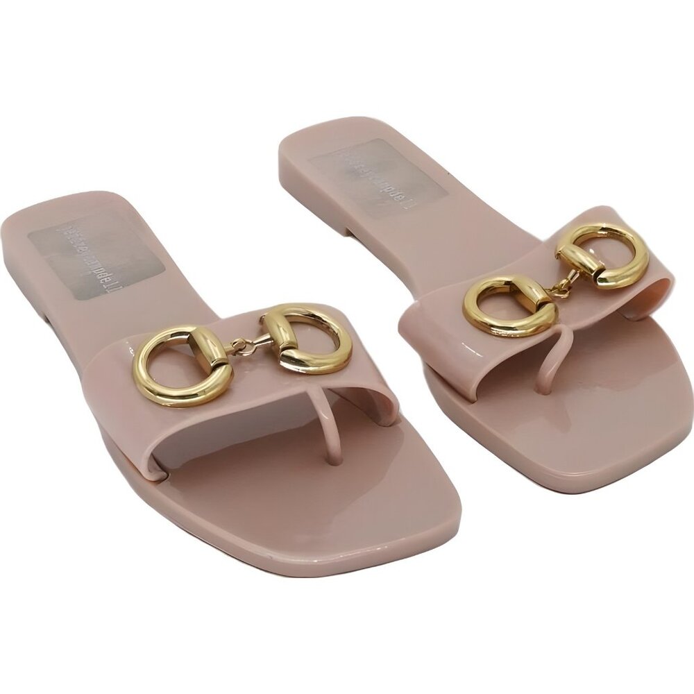 Jeffrey Campbell Blush Pink Patent Slide Sandals with Gold Rings